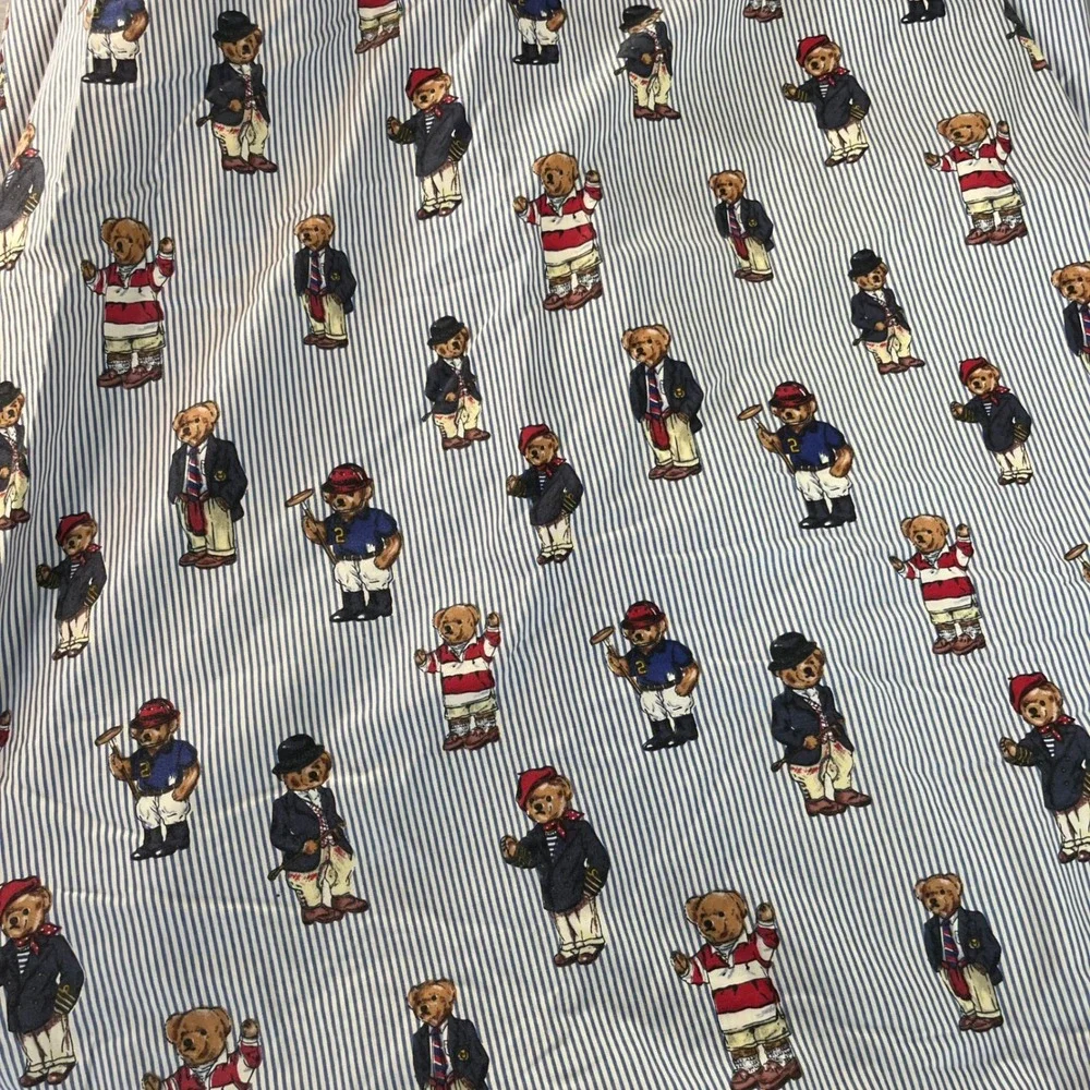 Vintage Ralph Lauren Polo Bear King Fitted‎ Sheet Blue White Stripe Bedding 90s